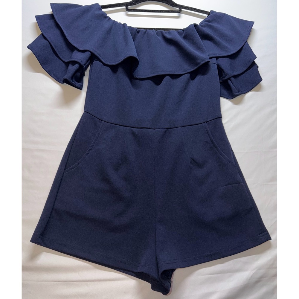 She + Sky Romper Womens Medium Navy Blue Ruffle Off Shoulder SL5734 Romper